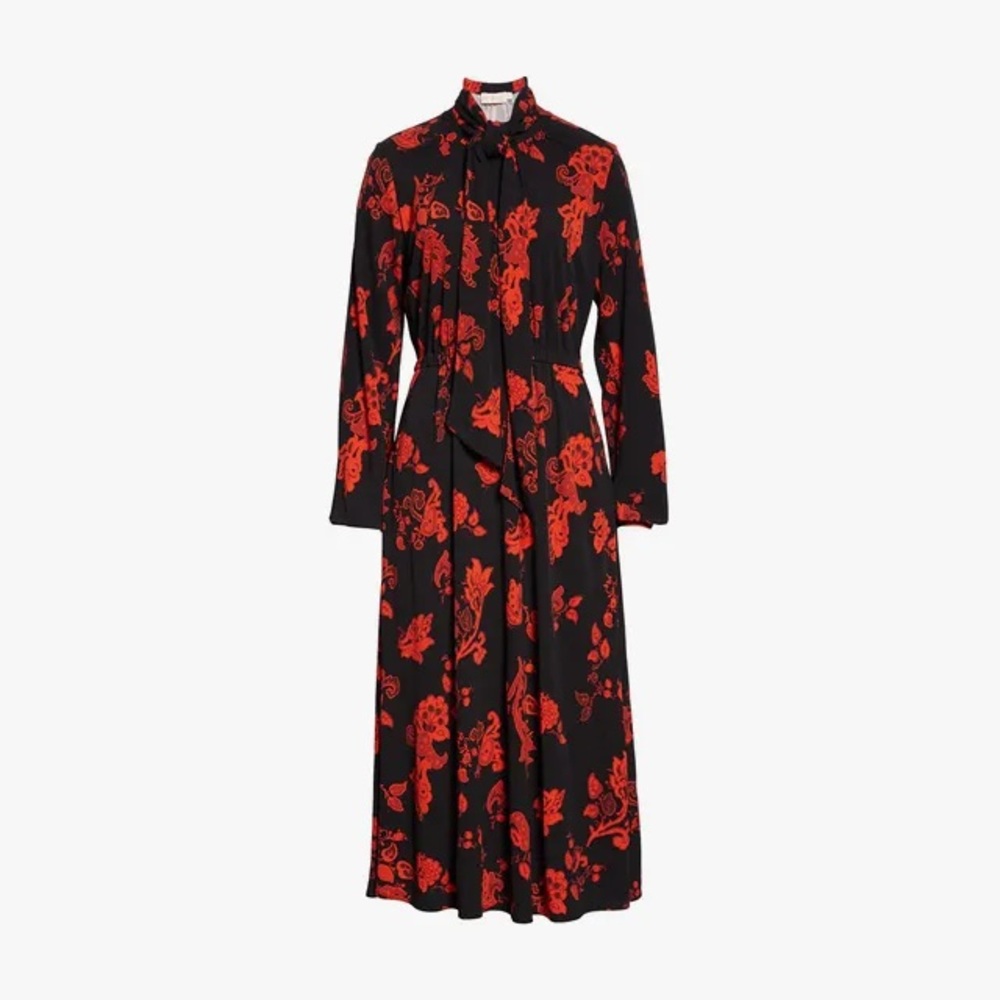 Tory Burch Floral Paisley Bow Neck Long Sleeve Jersey Midi Dress